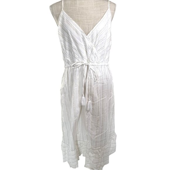 Loft White Dress With Gold & Silver Metallic Lines Drawstring Waist Sleeveless S - Picture 1 of 10